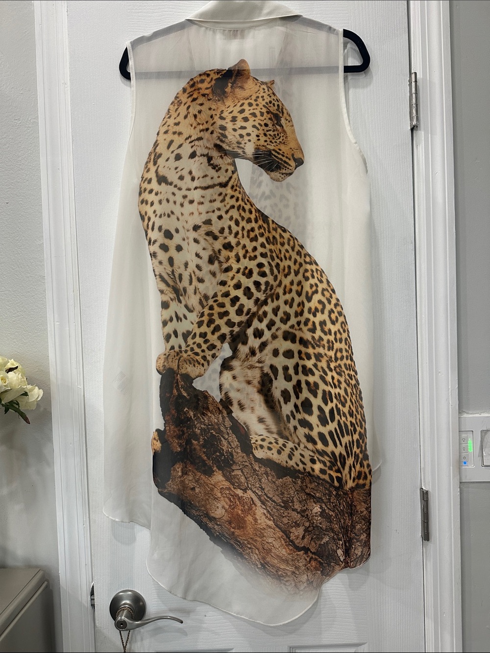 Sleeveless Sheer Ivory Overlay Blouse with Leopard-Print Shell